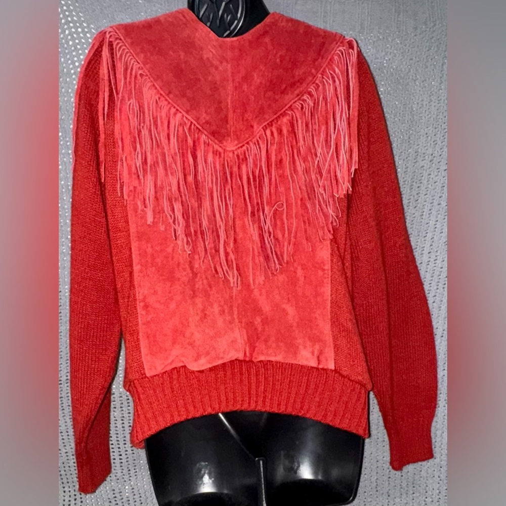 Vintage Pioneer Wear Genuine Cow Split Leather Suede Fringe Sweater Red Medium
